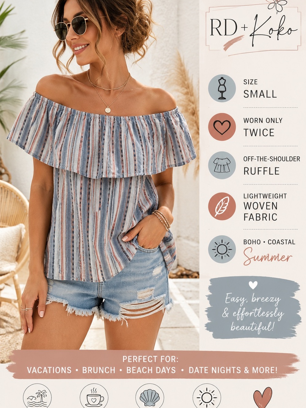 Off-the-Shoulder Ruffle Striped Camisole in Blue